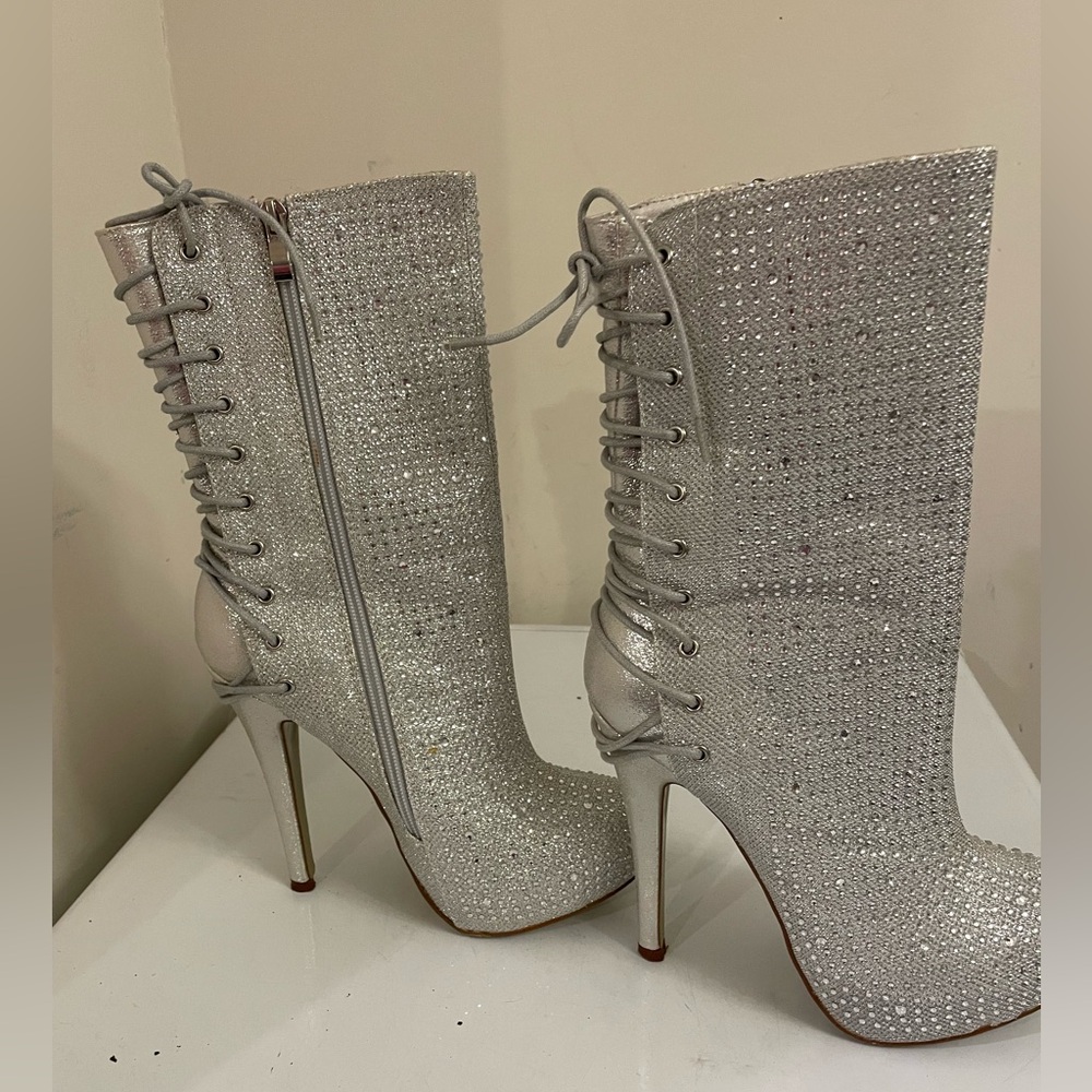 Silver Rhinestone LaceUp Booties - Picture 6 of 9